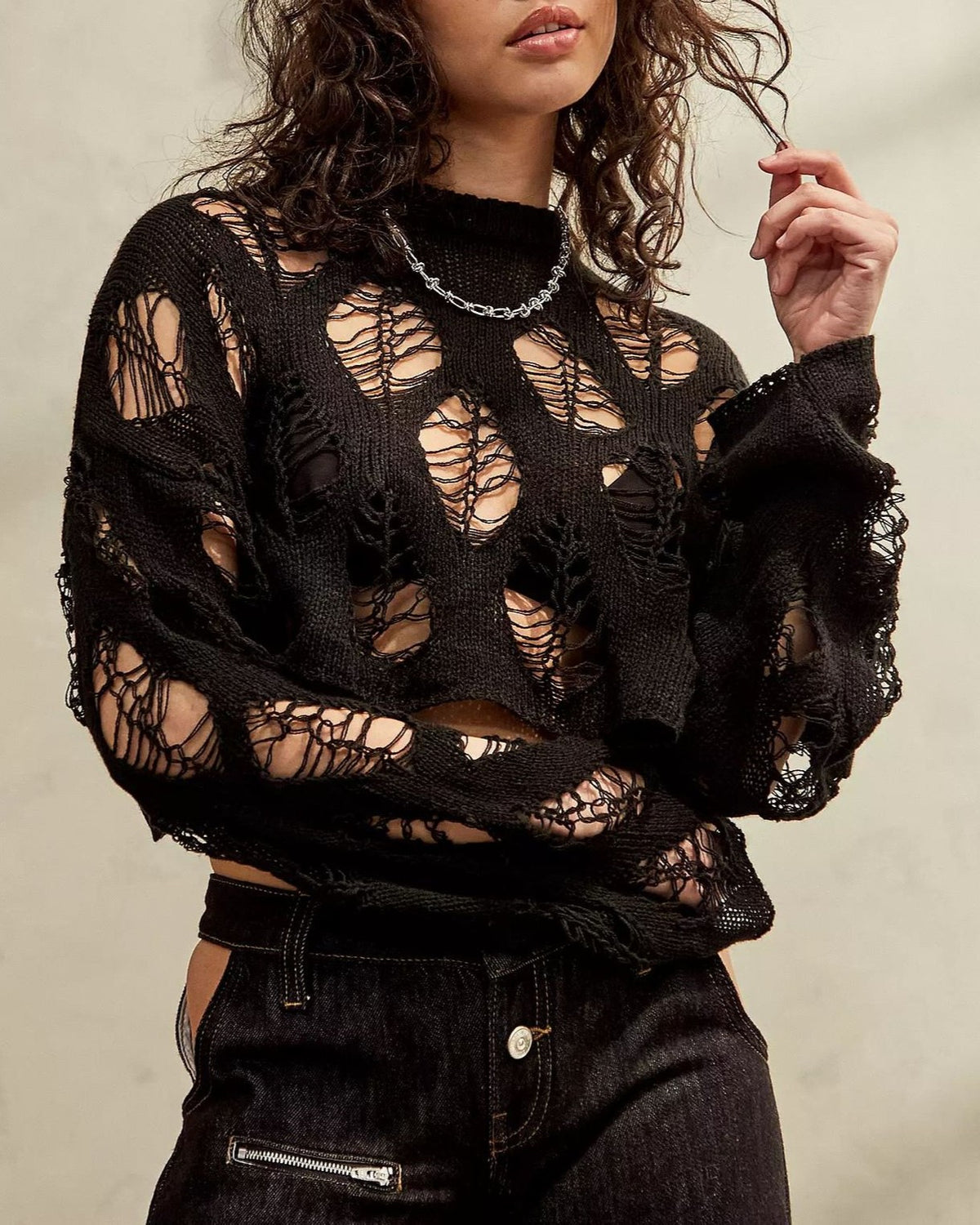 Distressed Open Knit Cropped Sweater - Black - 7