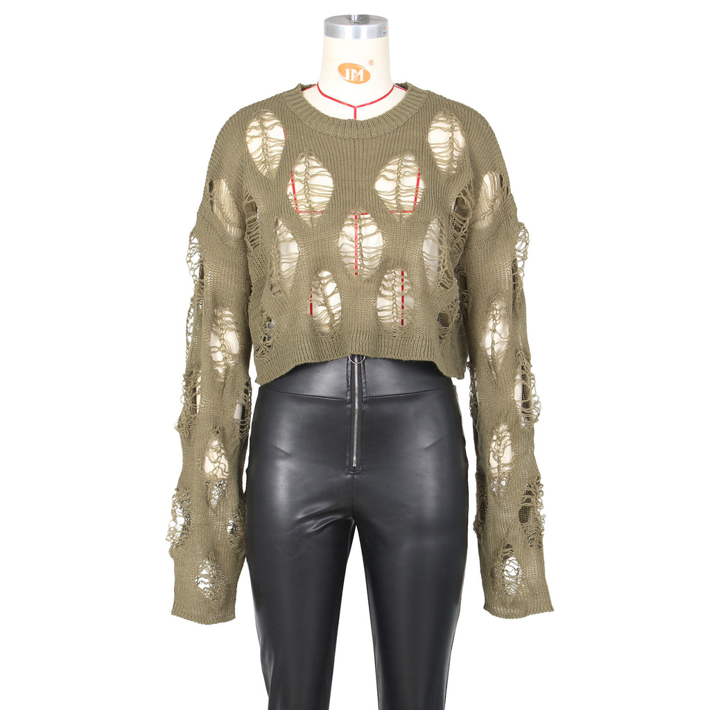 Distressed Open Knit Cropped Sweater - Olive - 1
