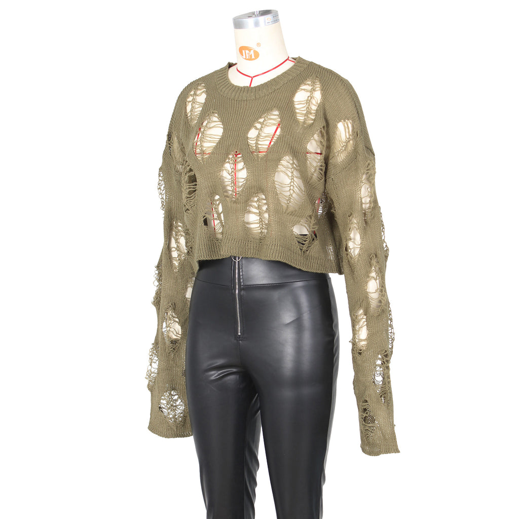 Distressed Open Knit Cropped Sweater - Olive - 2