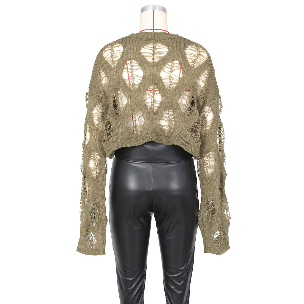 Distressed Open Knit Cropped Sweater - Olive - 3