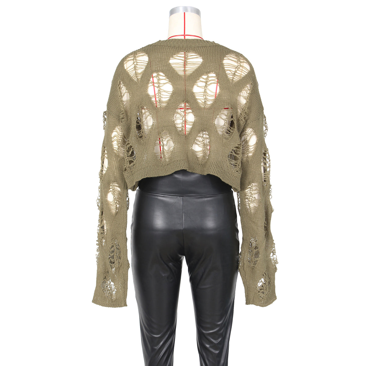 Distressed Open Knit Cropped Sweater - Olive - 3