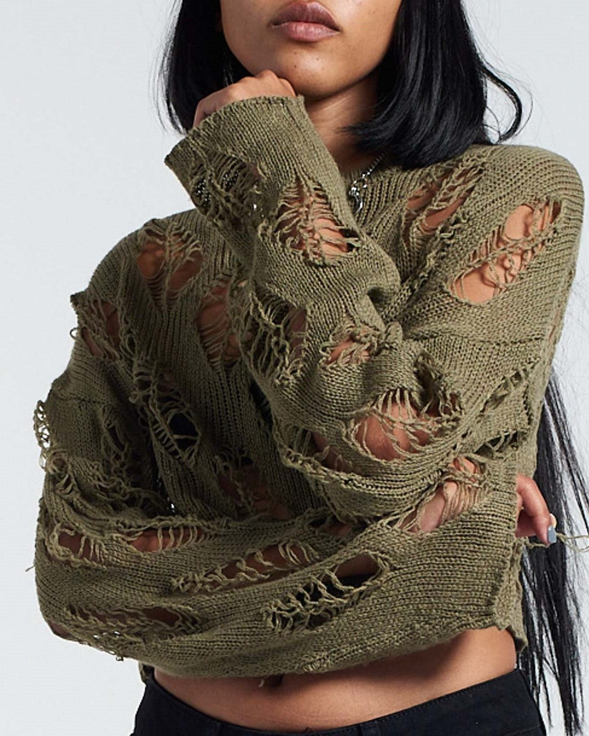 Distressed Open Knit Cropped Sweater - Olive - 4