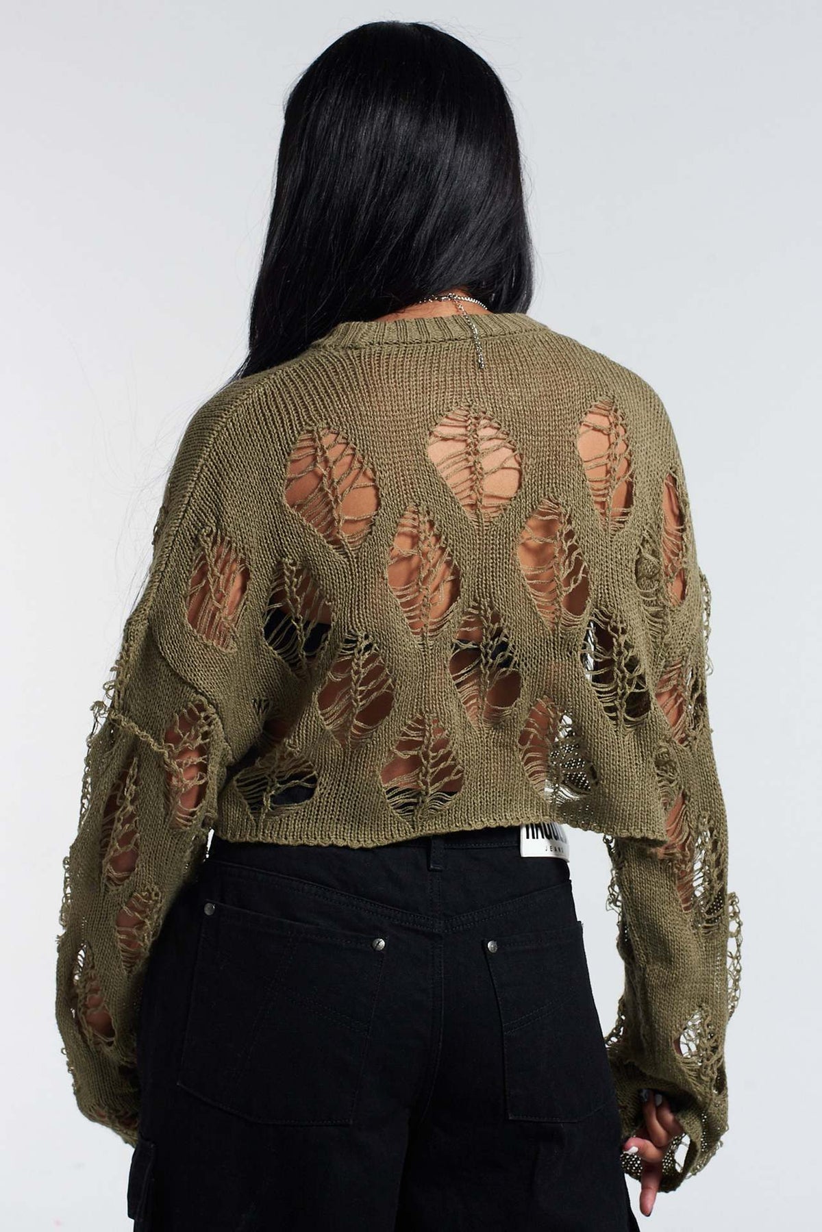 Distressed Open Knit Cropped Sweater - Olive - 5