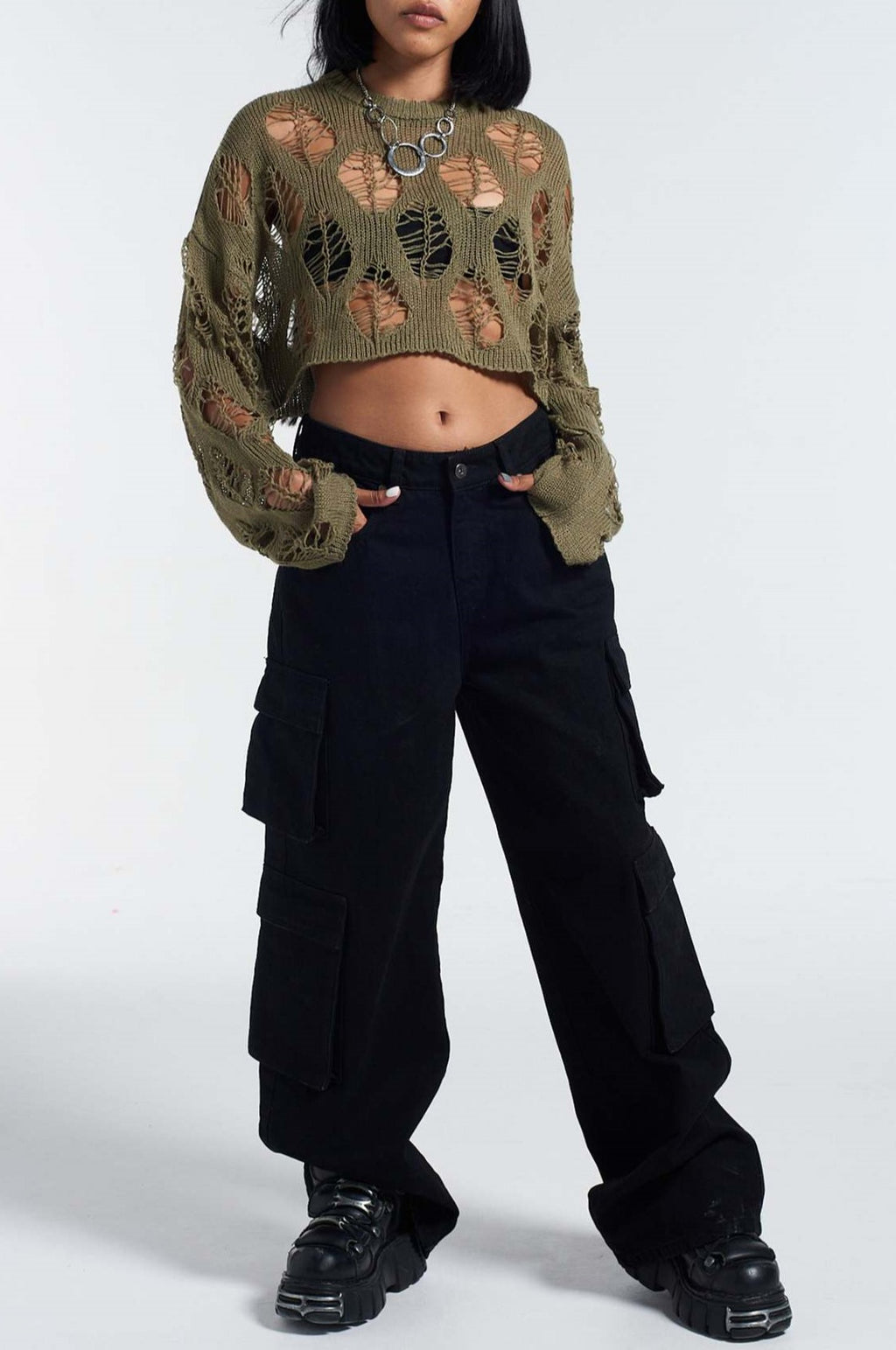 Distressed Open Knit Cropped Sweater - Olive - 6