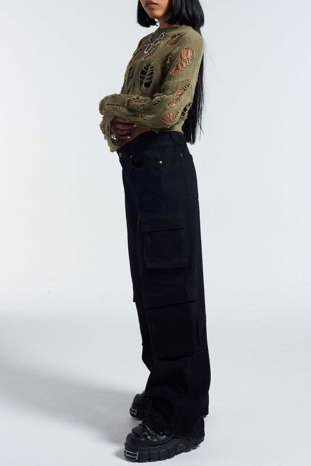 Distressed Open Knit Cropped Sweater - Olive - 7
