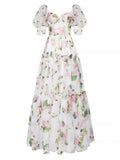 Floral Organza Puff Sleeve Tiered Gown - Pink