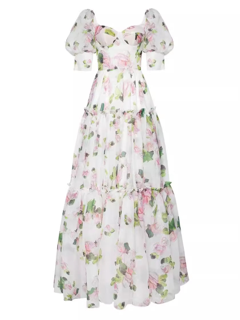 Floral Organza Puff Sleeve Tiered Gown - Pink