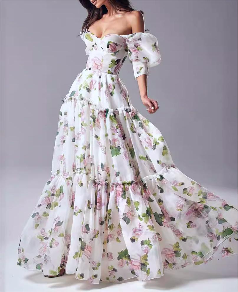 Floral Organza Puff Sleeve Tiered Gown - Pink - 1
