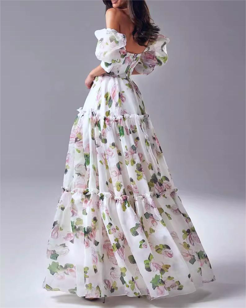 Floral Organza Puff Sleeve Tiered Gown - Pink - 2