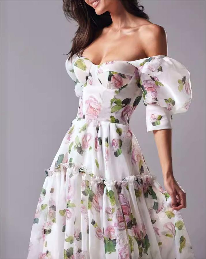 Floral Organza Puff Sleeve Tiered Gown - Pink - 3