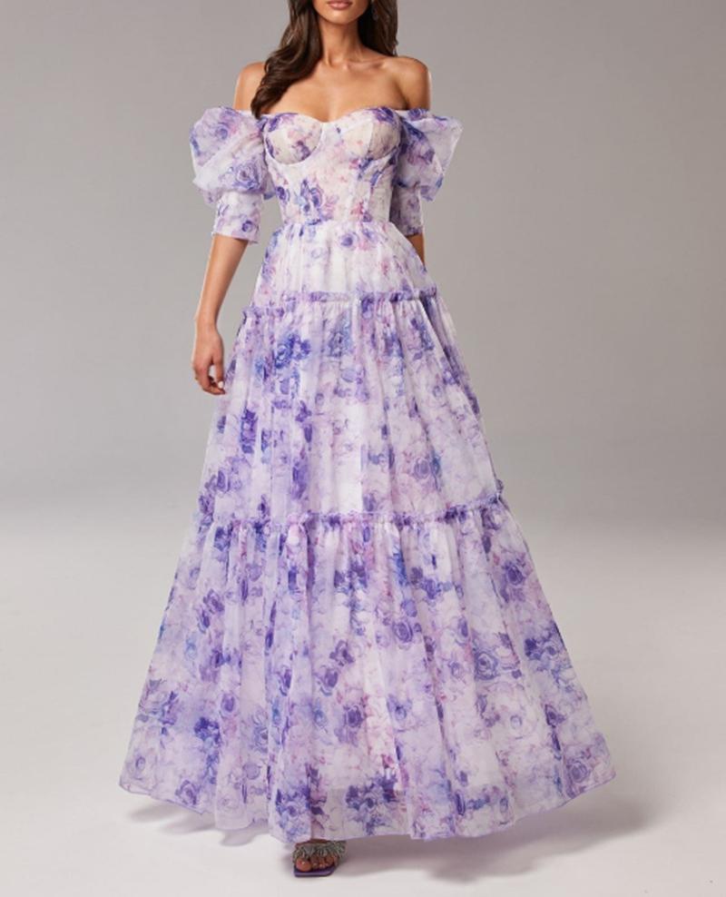 Floral Organza Puff Sleeve Tiered Gown - Purple
