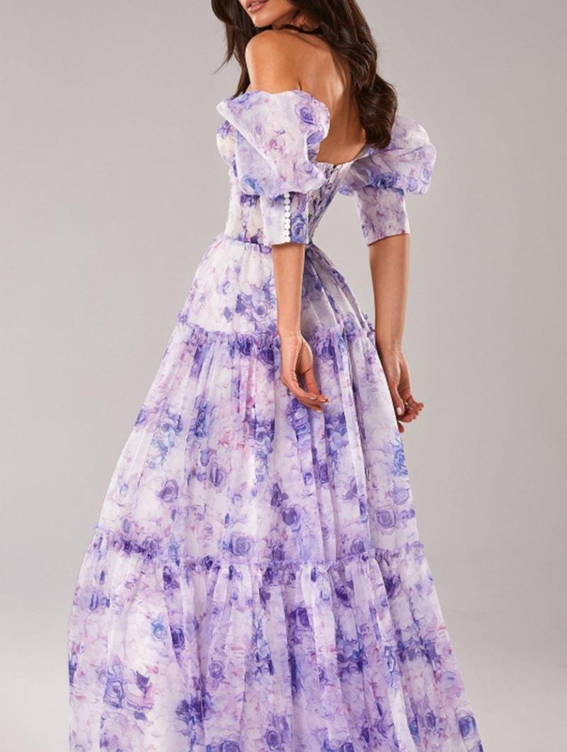 Floral Organza Puff Sleeve Tiered Gown - Purple - 1