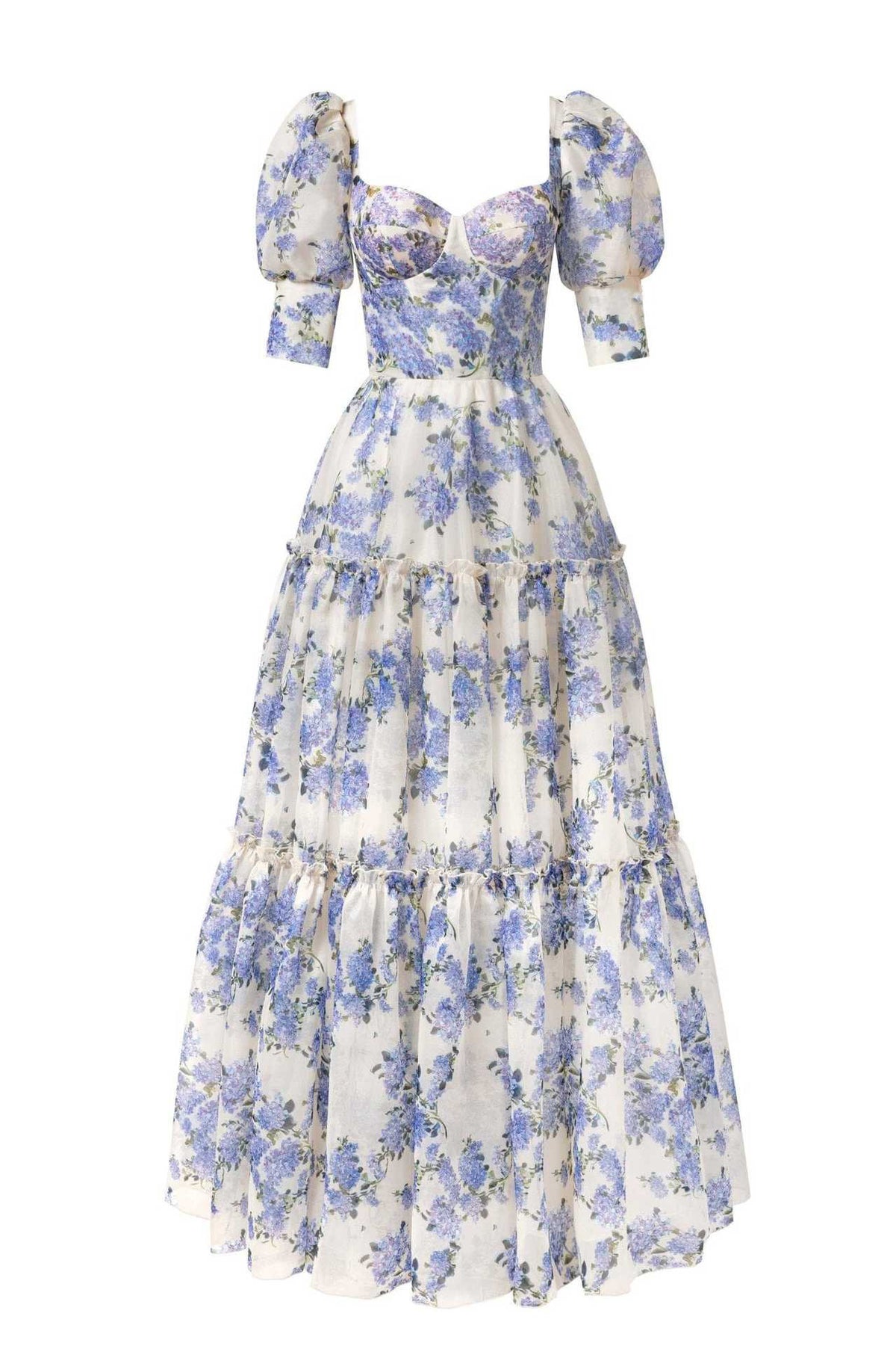 Floral Organza Puff Sleeve Tiered Gown - blue