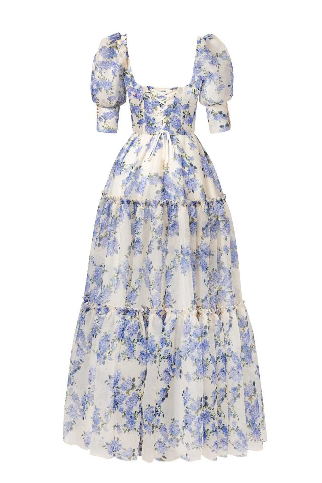 Floral Organza Puff Sleeve Tiered Gown - blue - 2