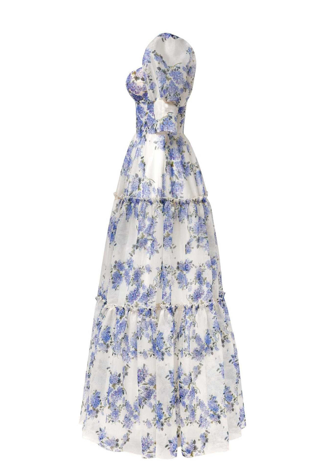 Floral Organza Puff Sleeve Tiered Gown - blue - 3
