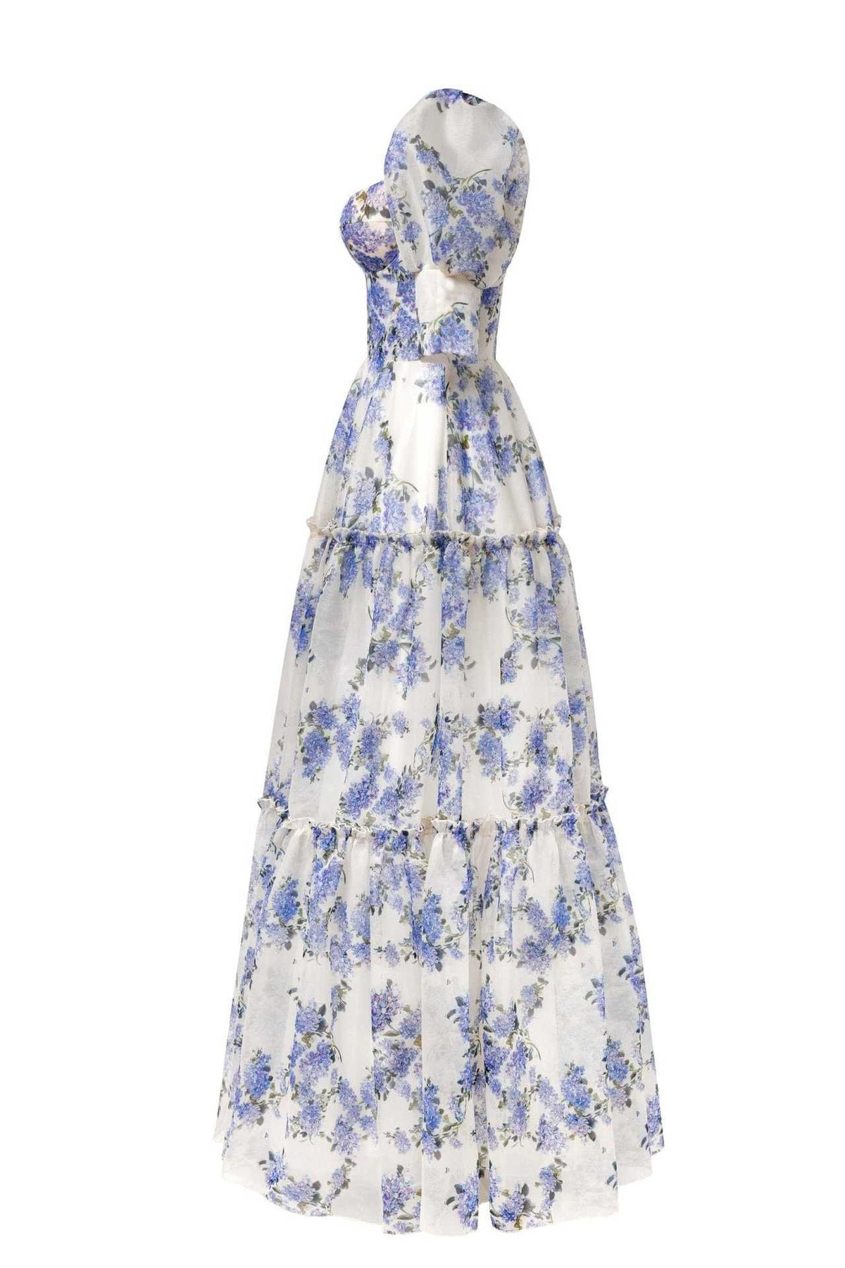 Floral Organza Puff Sleeve Tiered Gown - blue - 3