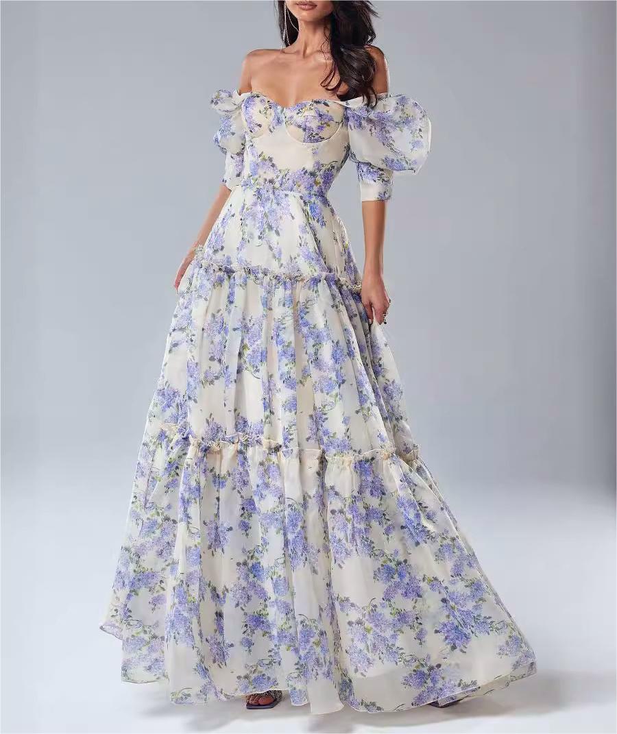 Floral Organza Puff Sleeve Tiered Gown - view 1