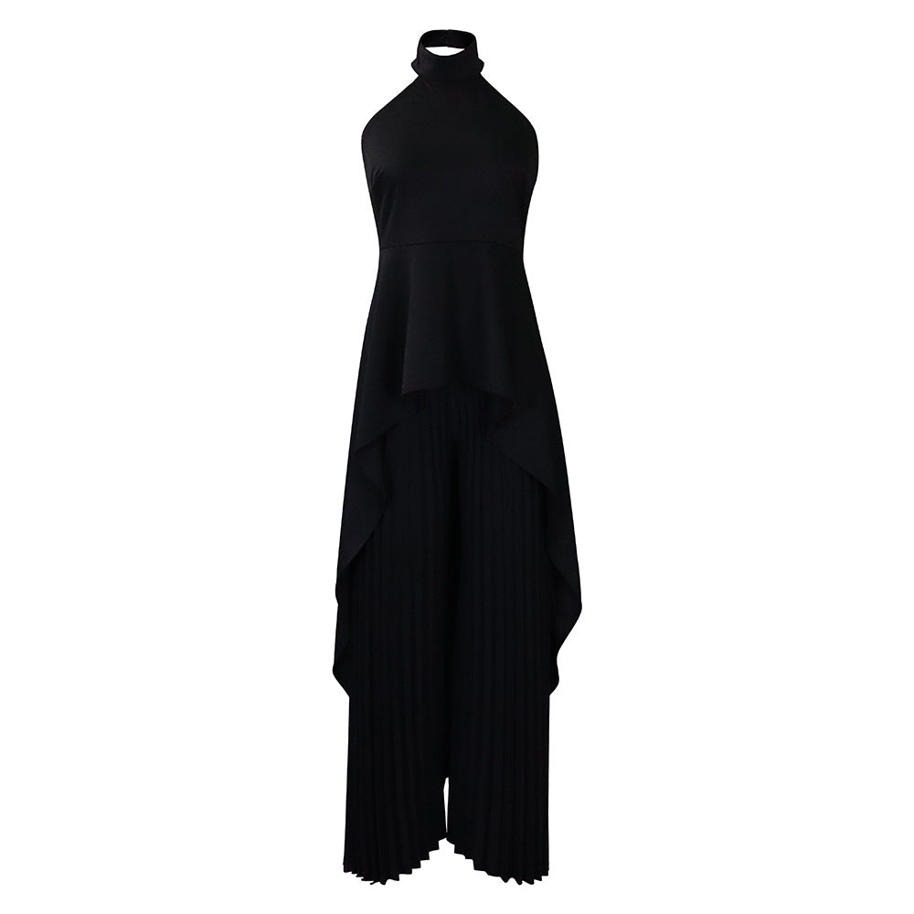 Halter Neck High Low Top and Pleated Pant Set - Black