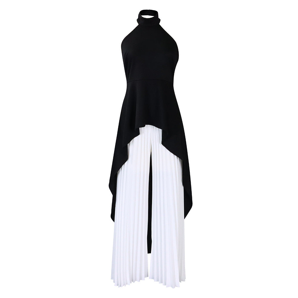 Halter Neck High Low Top and Pleated Pant Set - Blackwhite