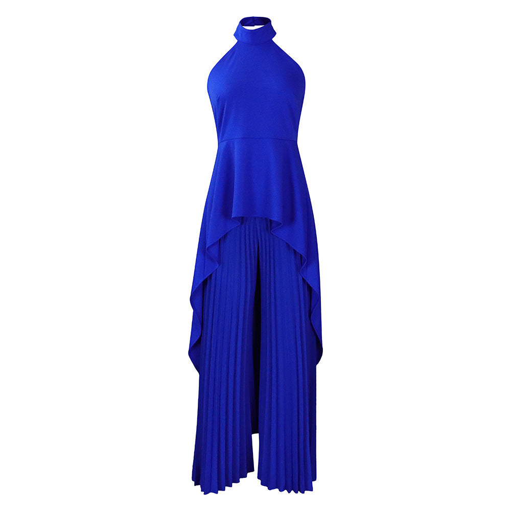 Halter Neck High Low Top and Pleated Pant Set - Blue