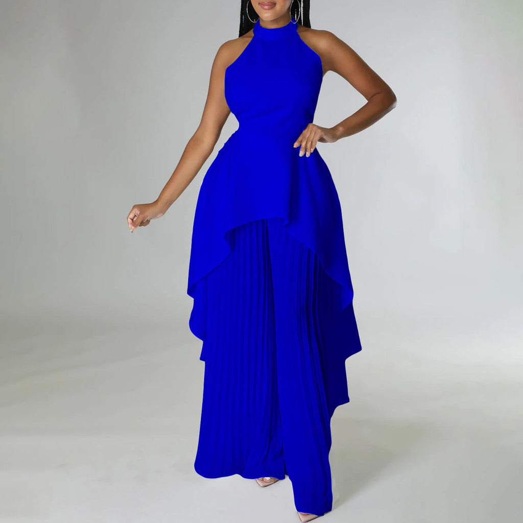 Halter Neck High Low Top and Pleated Pant Set - Blue - 1