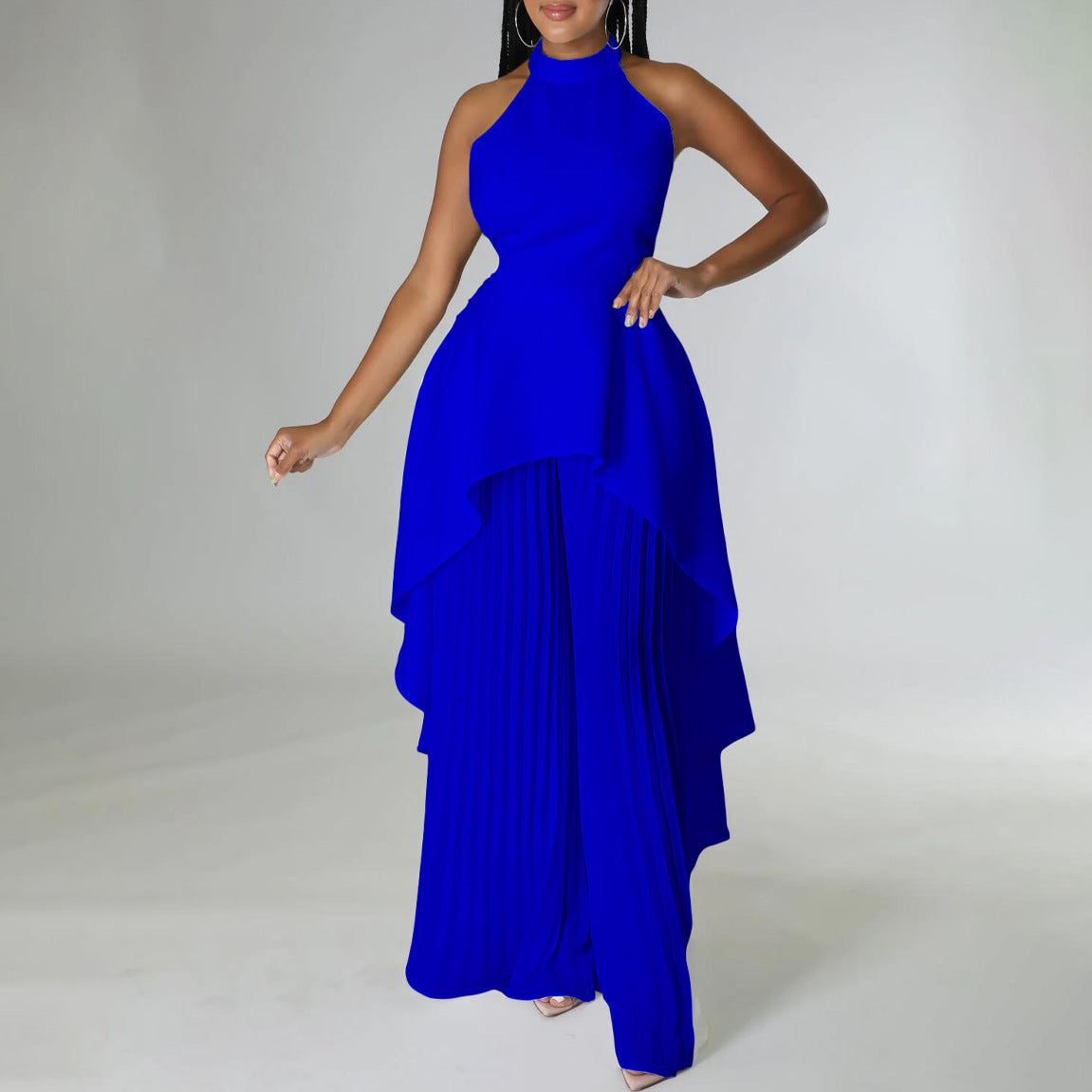Halter Neck High Low Top and Pleated Pant Set - Blue - 1