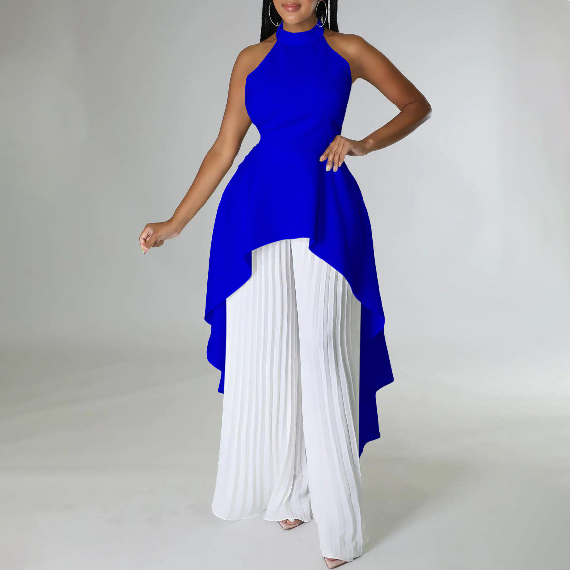 Halter Neck High Low Top and Pleated Pant Set - Bluewhite