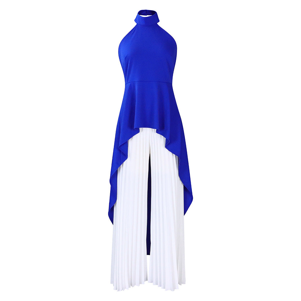 Halter Neck High Low Top and Pleated Pant Set - Bluewhite - 1