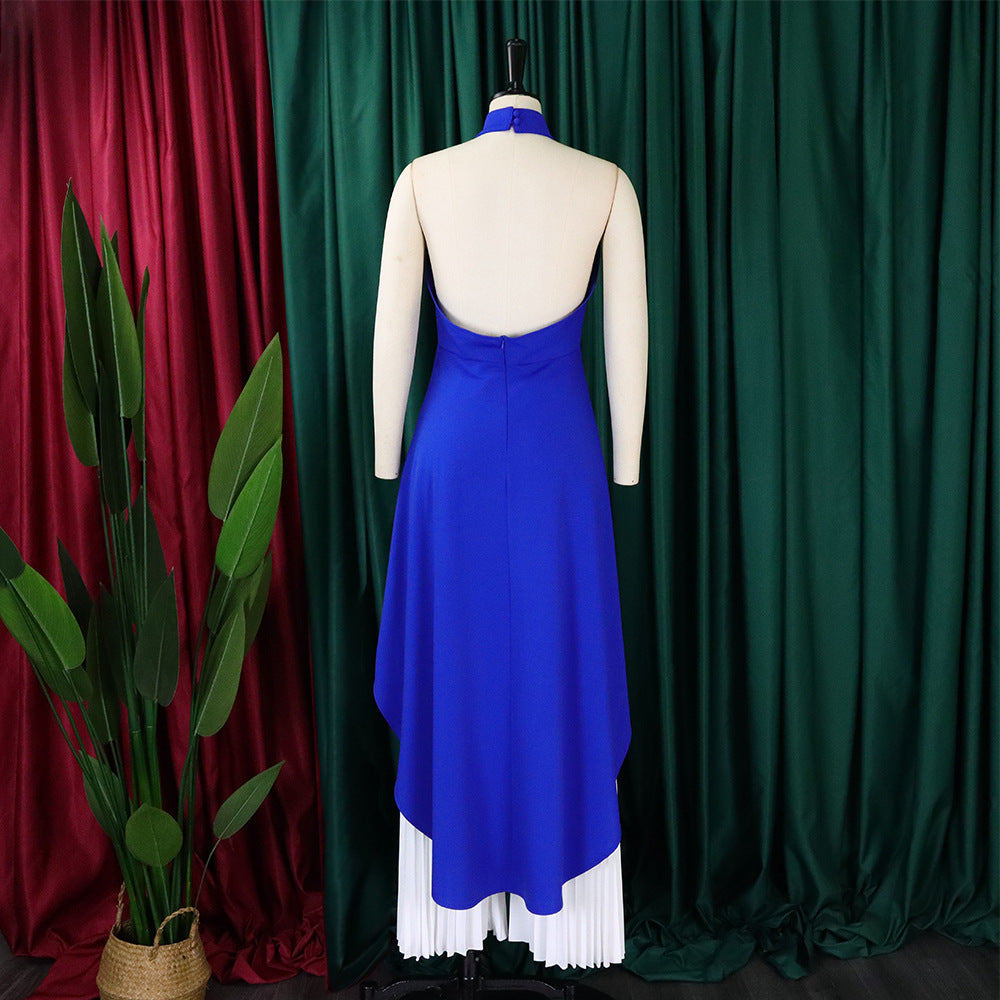 Halter Neck High Low Top and Pleated Pant Set - Bluewhite - 2