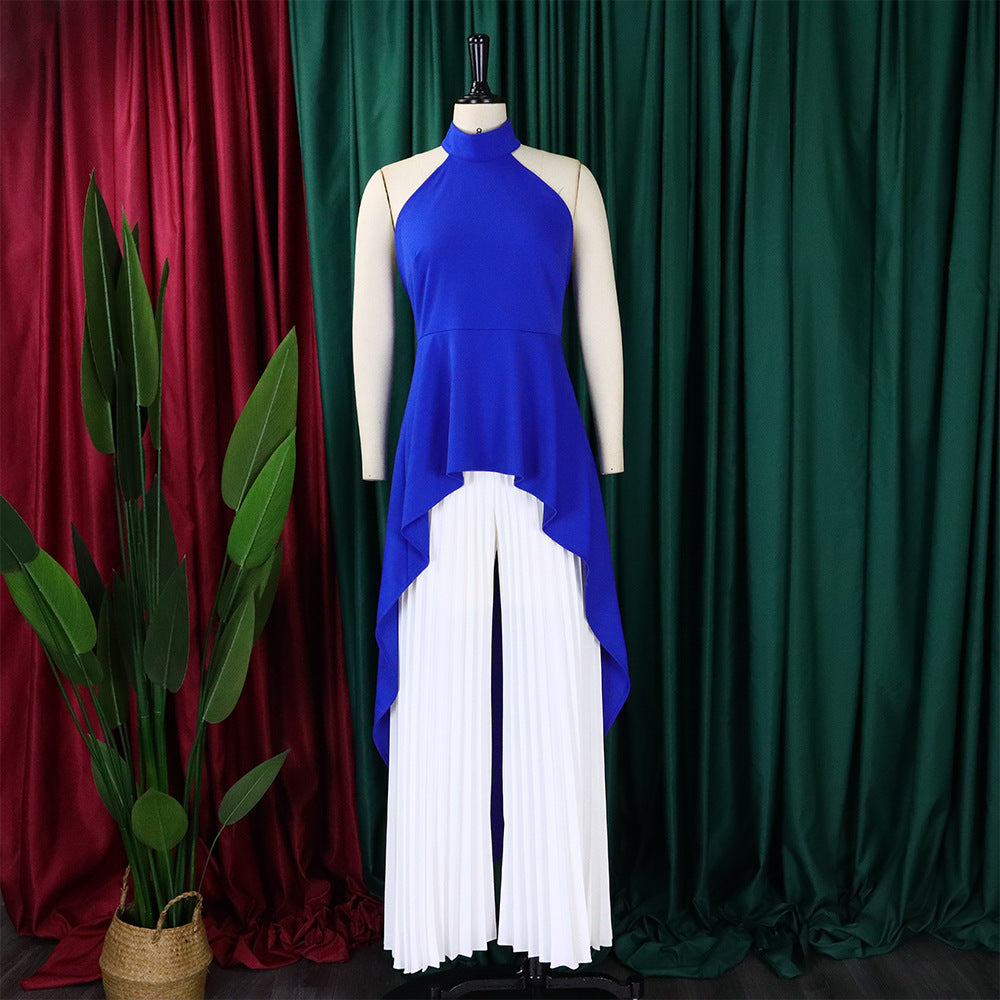 Halter Neck High Low Top and Pleated Pant Set - Bluewhite - 3
