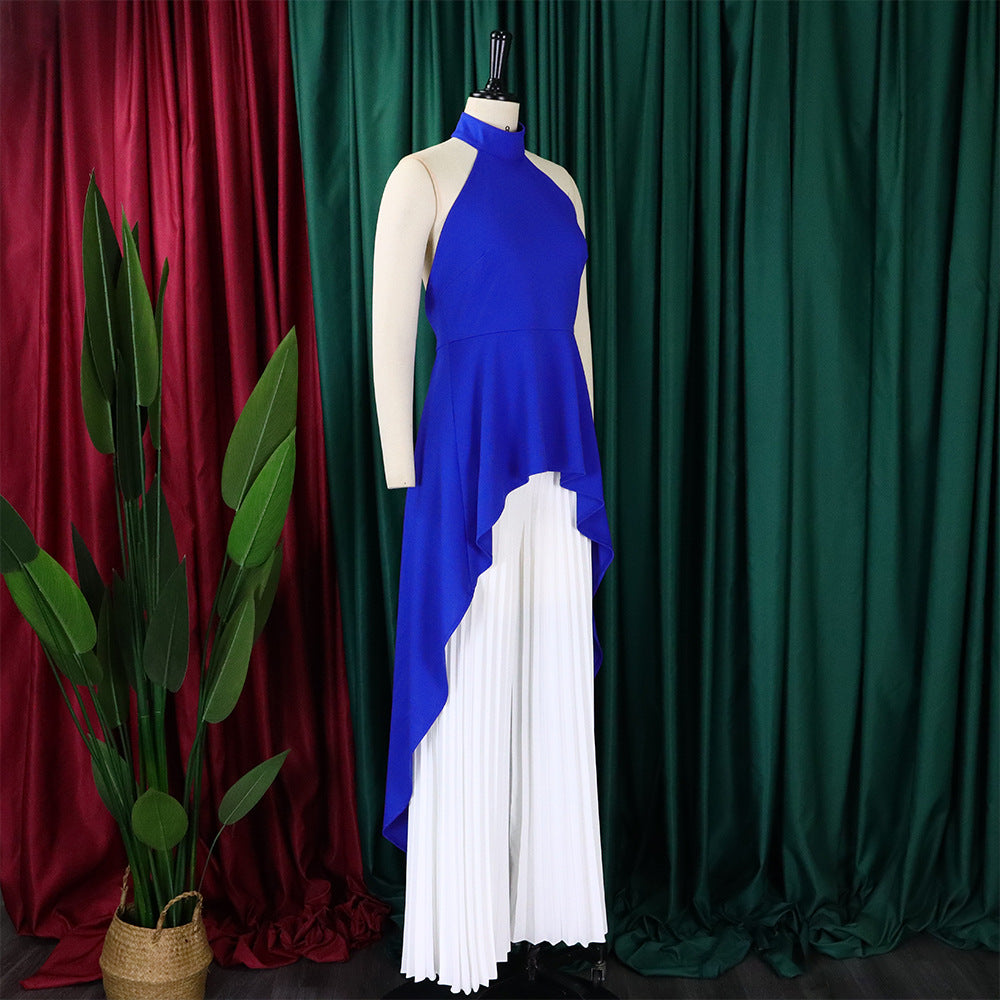 Halter Neck High Low Top and Pleated Pant Set - Bluewhite - 4