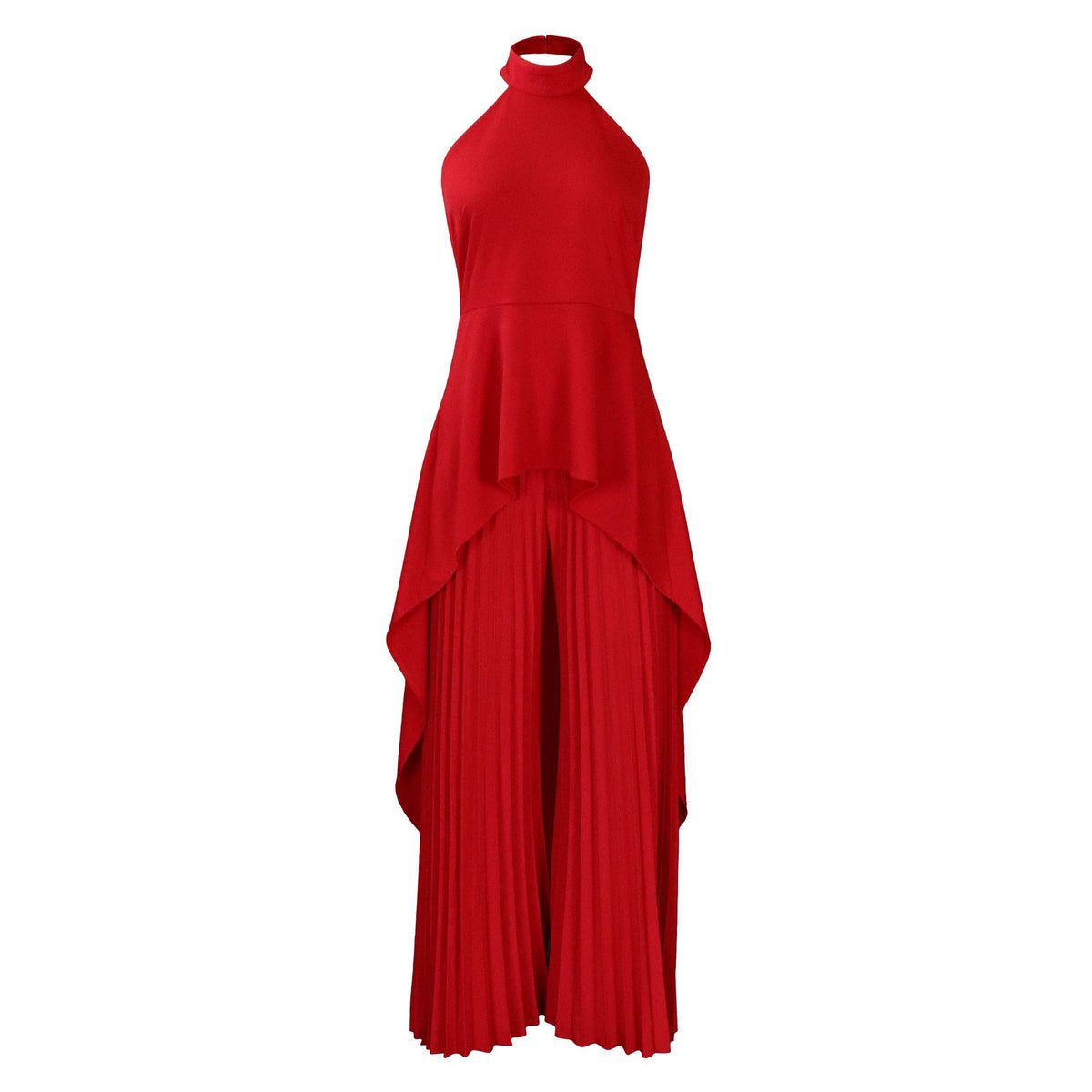 Halter Neck High Low Top and Pleated Pant Set - Red