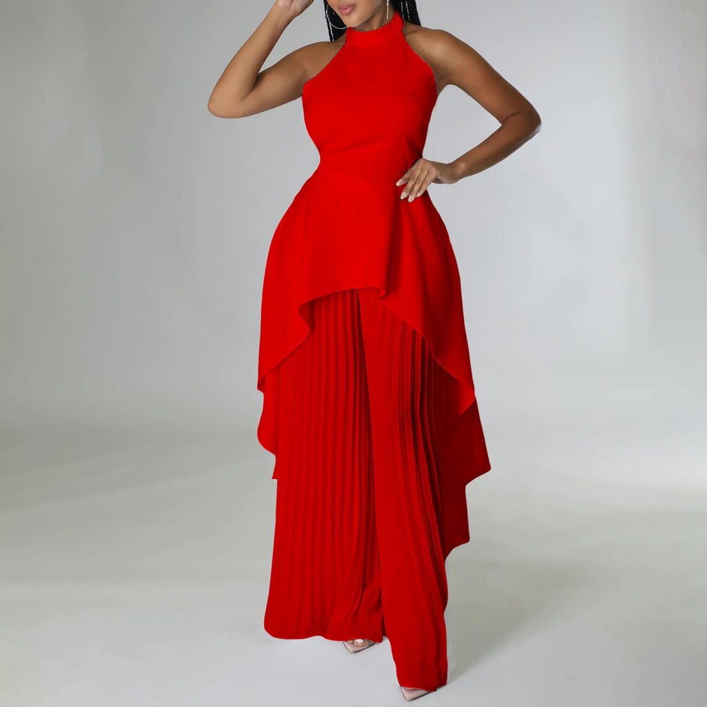 Halter Neck High Low Top and Pleated Pant Set - Red - 1