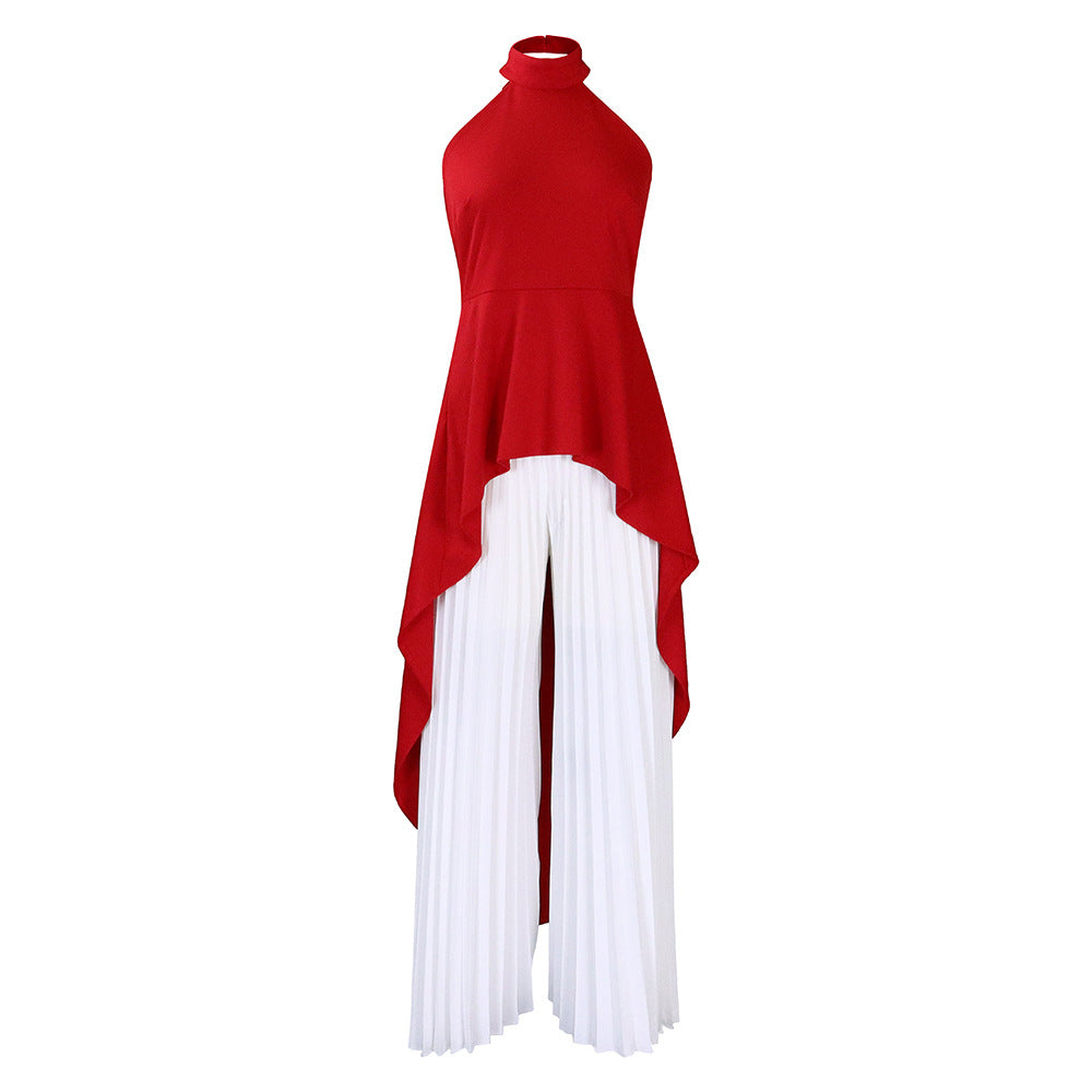 Halter Neck High Low Top and Pleated Pant Set - Redwhite