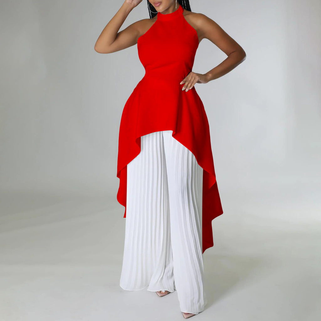 Halter Neck High Low Top and Pleated Pant Set - Redwhite - 1