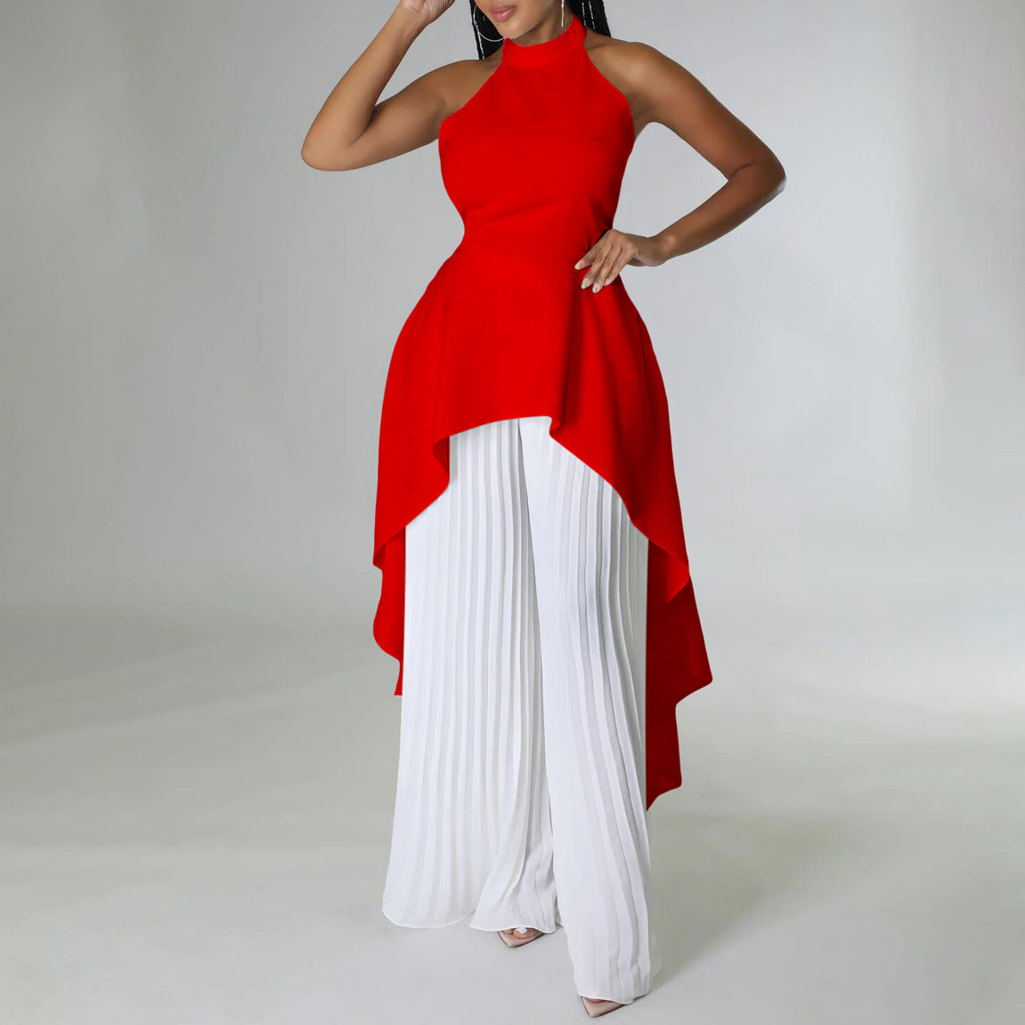 Halter Neck High Low Top and Pleated Pant Set - Redwhite - 1
