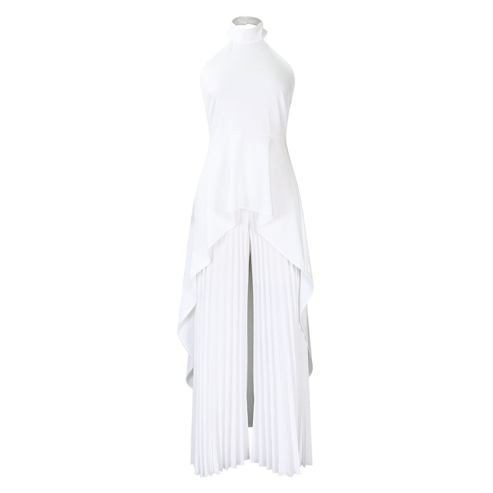 Halter Neck High Low Top and Pleated Pant Set - White