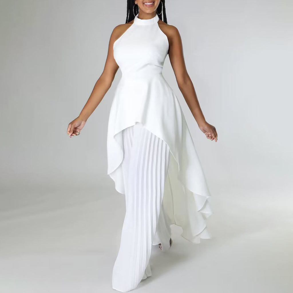 Halter Neck High Low Top and Pleated Pant Set - White - 1