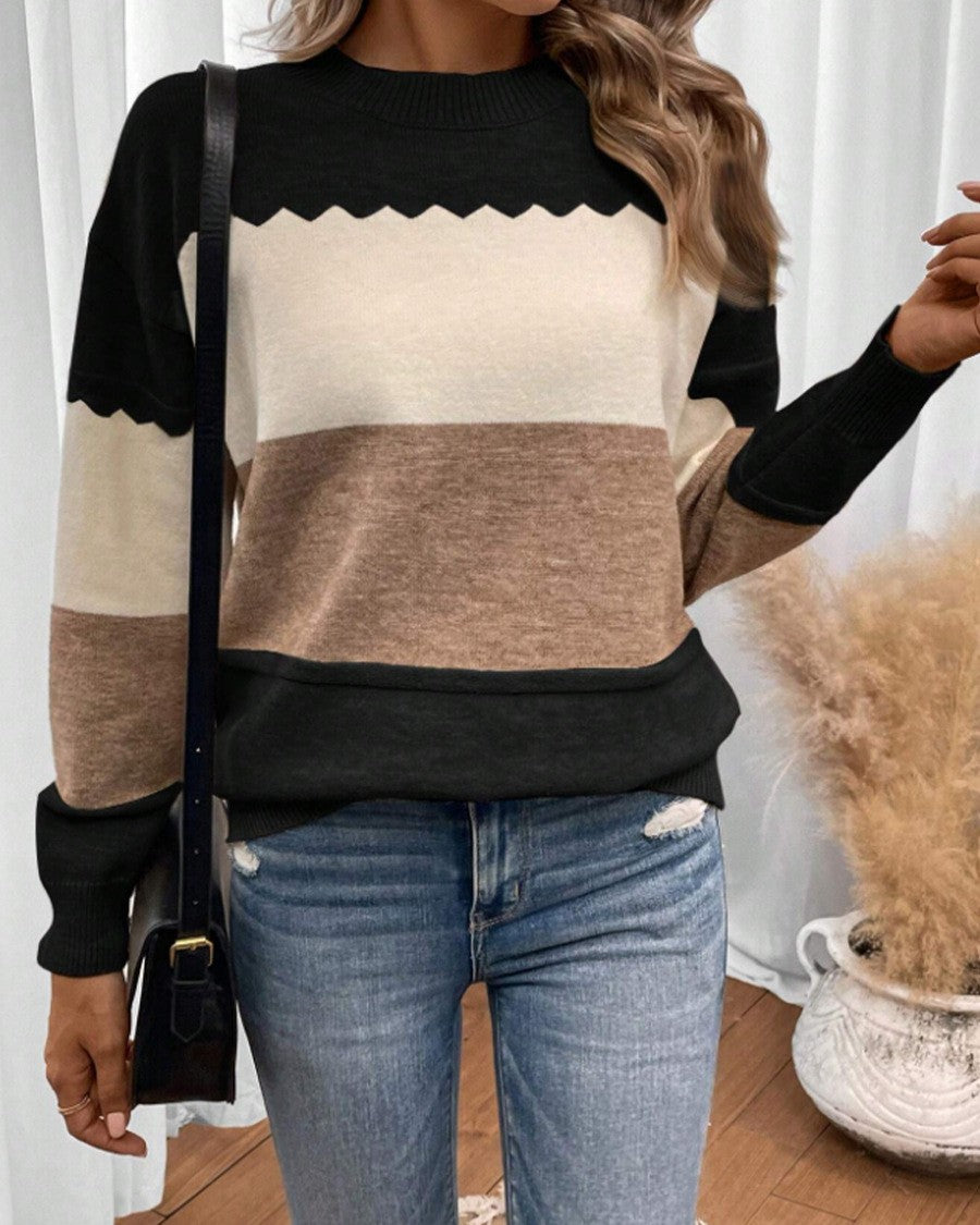 Zigzag Trim Colorblock Crew Neck Knit Sweater - Black