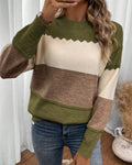 Zigzag Trim Colorblock Crew Neck Knit Sweater - Green