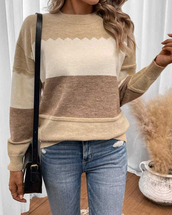 Zigzag Trim Colorblock Crew Neck Knit Sweater - Khaki - 2