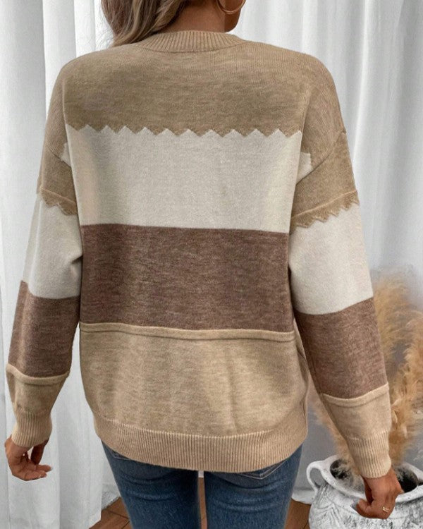 Zigzag Trim Colorblock Crew Neck Knit Sweater - Khaki - 3