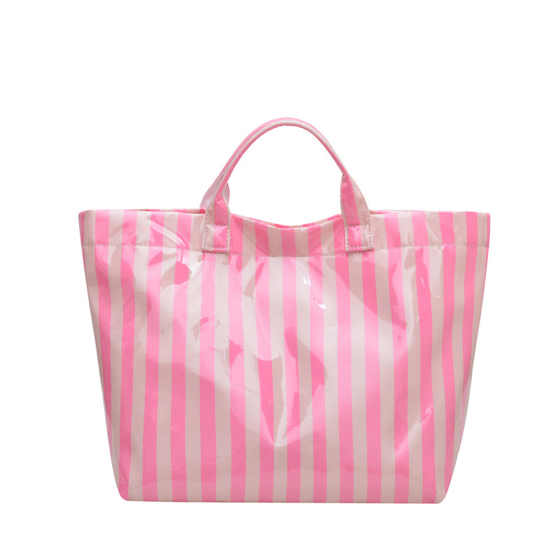 Glossy PVC Striped Beach Tote with Top Handles - Pink Stripe