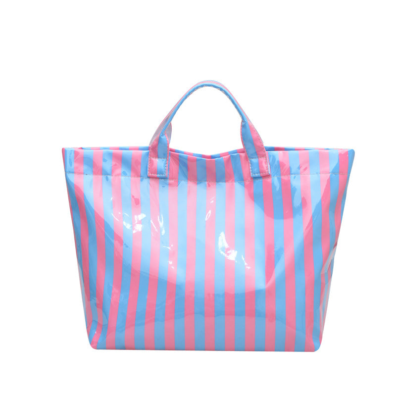 Glossy PVC Striped Beach Tote with Top Handles - Blue Stripe
