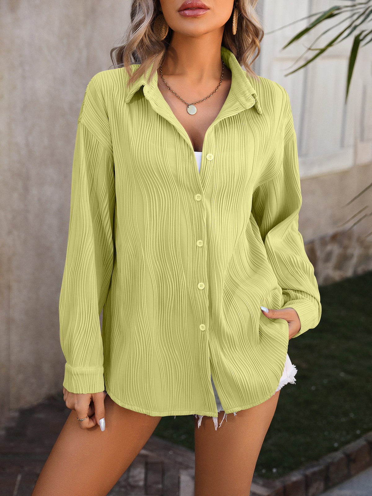 Crinkle Texture Longline Button Down Shirt - Mustard - 1