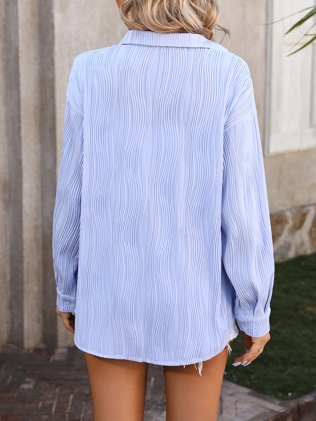Crinkle Texture Longline Button Down Shirt - Purple - 4