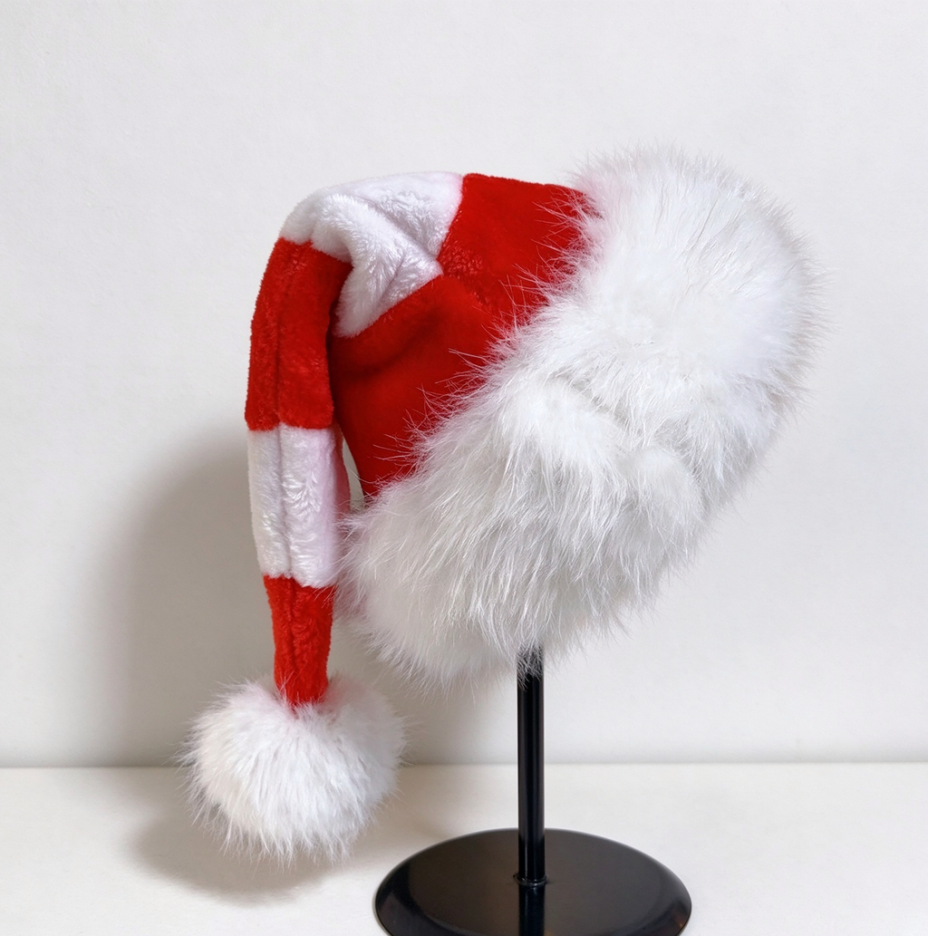 Long Tail Striped Santa Beanie with Faux Fur Cuff - Red