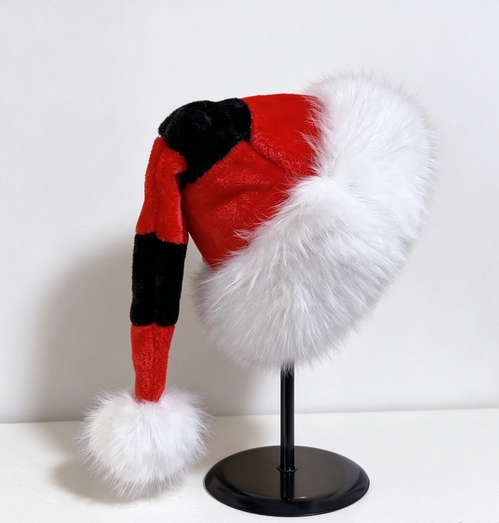 Long Tail Striped Santa Beanie with Faux Fur Cuff - RedBlack