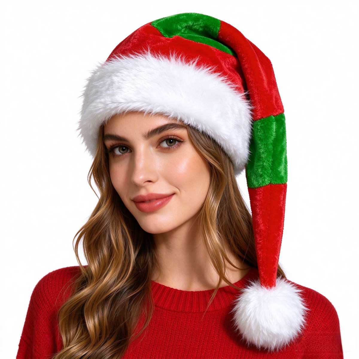 Long Tail Striped Santa Beanie with Faux Fur Cuff - RedGreen