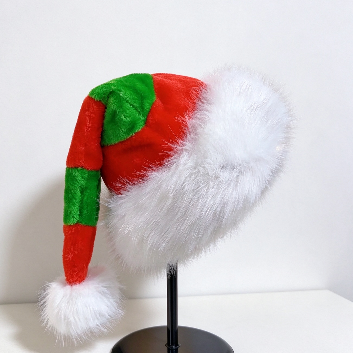 Long Tail Striped Santa Beanie with Faux Fur Cuff - RedGreen - 1
